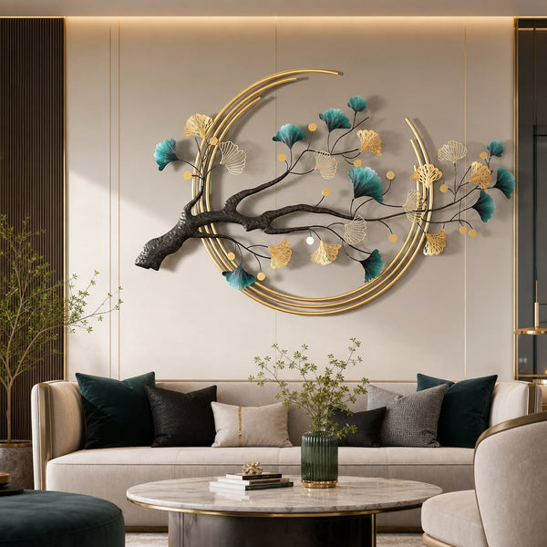 Metall Wanddekoration LuxCanva® Aurora Zweig A0899, aus Metall, Horizontal, Gold, Grün, Schwarz, Großformat 60 × 110 cm
