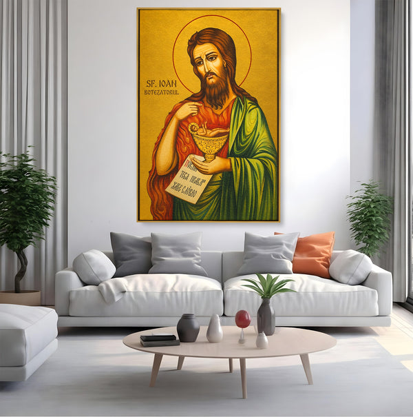 Tablou Canvas Premium LuxCanva® H1117, Sfantul Ioan Botezatorul, Înaintemergător, Dumnezeu, Icoana, Sfintenie, Spiritualitate, Aur, Dormitor, Birou, Culori Vibrante