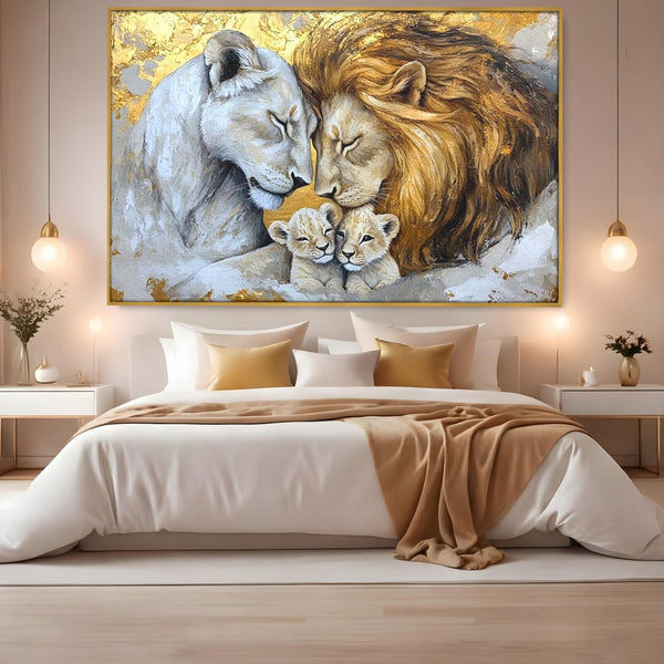 Leinwandbilder Premium, LuxCanva® M1360, Ewige Bindung, Familie, Löwen, Huhn, Liebe, Zärtlichkeit, Schutz, Dynastie, Tiere, Geschwister, königlich, golden, königlich, Malerei, Büro, Wohnen, Kinderzimmer