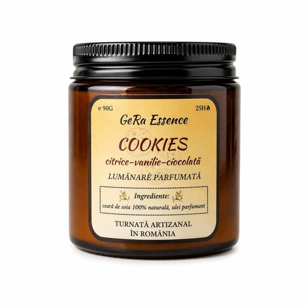 Lumanare parfumata din soia, GeRa Essence, Cookies - Citrice, ciocolata condimentata, vanilie, parfum dulce, gourmand, handmade, ceara naturala, ardere 25h, 90 g