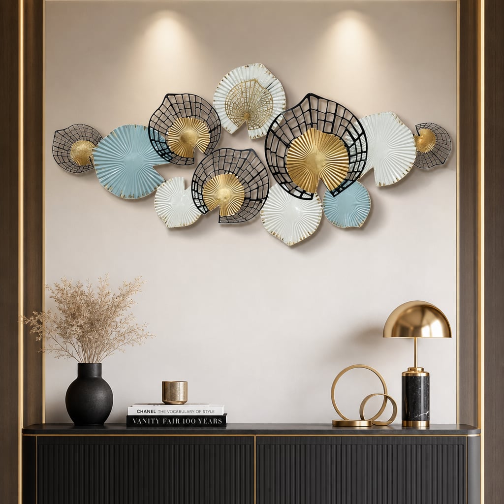 Decoratiune Metalica de Perete LuxCanva® Metal Shadows A2306, din Metal, Negru, Gold, Alb, Gri, Auriu, Dimensiune Mare 140 x 61 cm