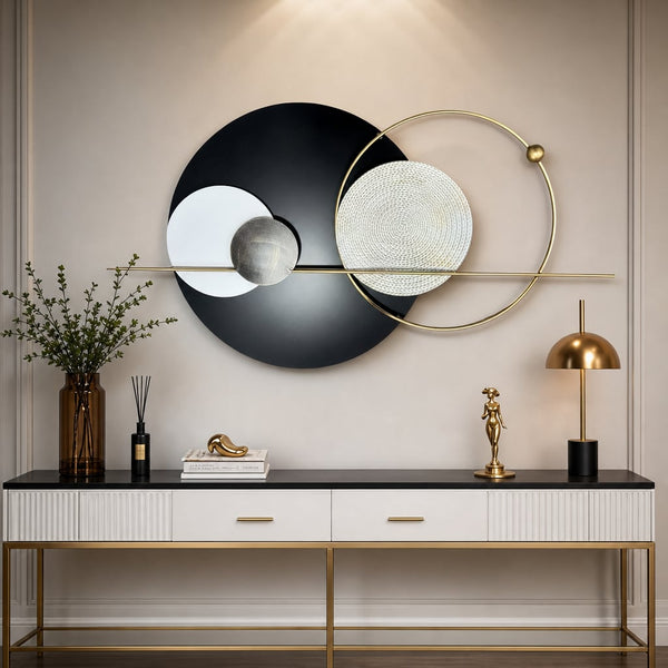Metall Wanddekoration LuxCanva® Element Lines A2261, aus Metall, Schwarz, Gold, Weiß, Grau, Weiß, Grau, Gold, Großformat 110 x 60 cm