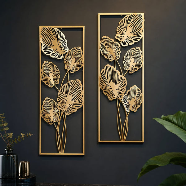 2er-Set Metall-Wanddekorationen LuxCanva® Eden Leaf Frame A2002, Metall, vertikal, Gold, Großformat 31 × 85 x 3,5 cm