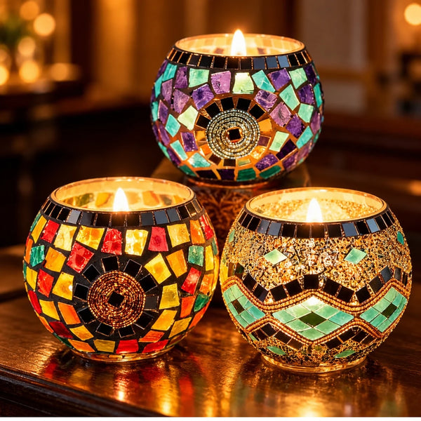 Set 3 Suporturi Decorative pentru Lumanari LuxCanva® Glass Candle, Mozaic, 9 cm