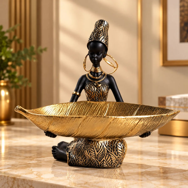 Statueta Decorativa LuxCanva® Elegant African Female, Suport Chei si Bijuterii, 20 cm