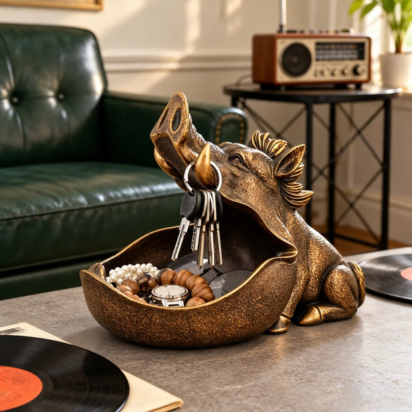 Statueta Decorativa LuxCanva® Boar Shaped, Mistret cu Bol pentru Chei, Auriu, 23 cm
