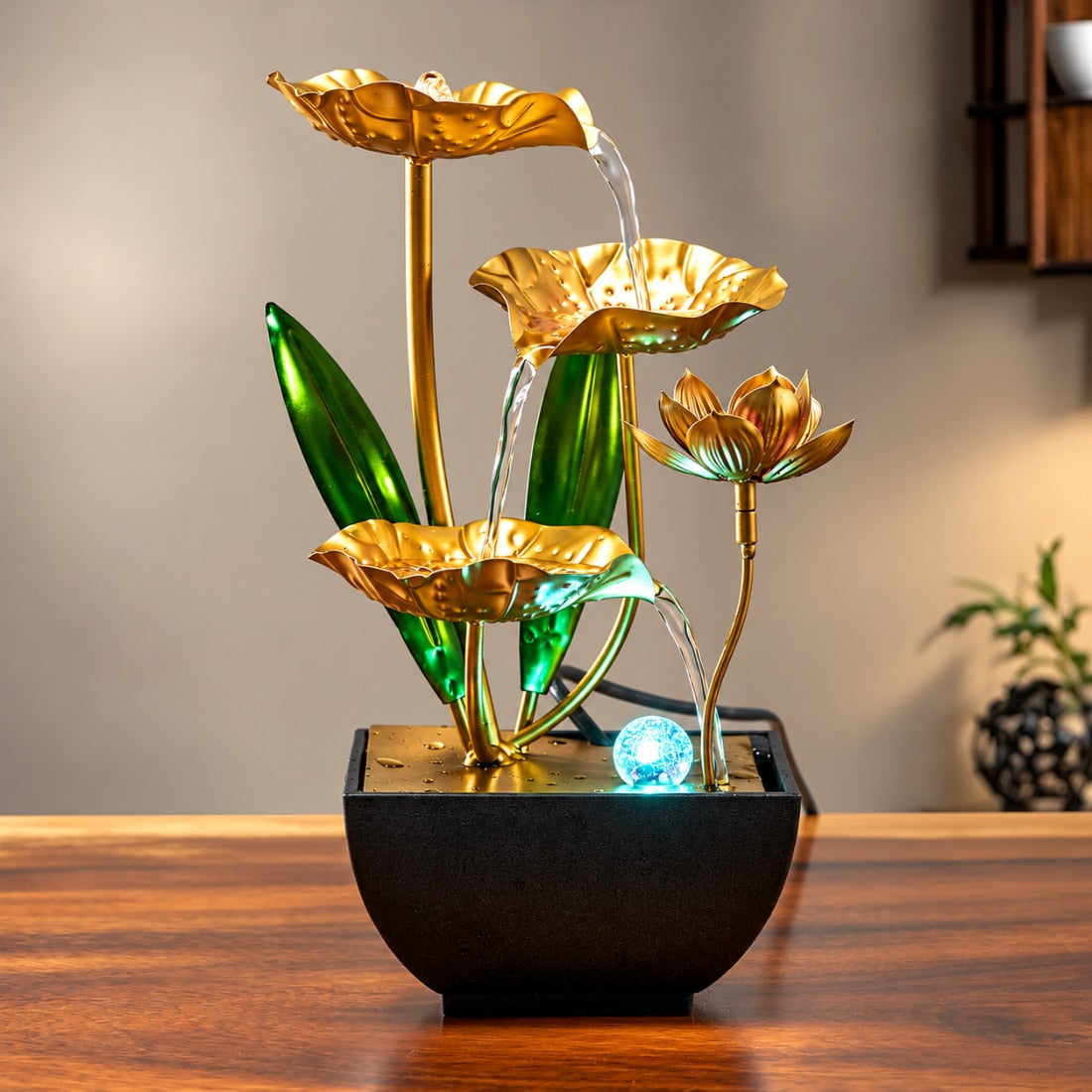 Fantana Decorativa de Interior LuxCanva® Luxury Golden WF-01, Frunze Metalice, LED, 27 cm