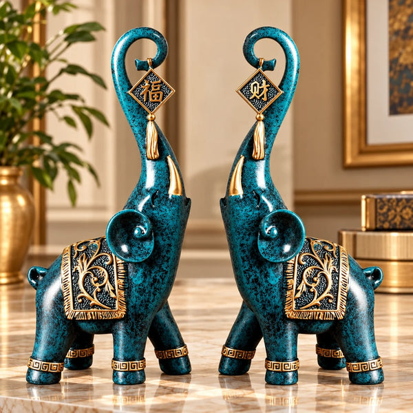 Set 2 Statuete Decorative LuxCanva® Pair of Blue Elephant, Elefanti Norocosi, 24 cm