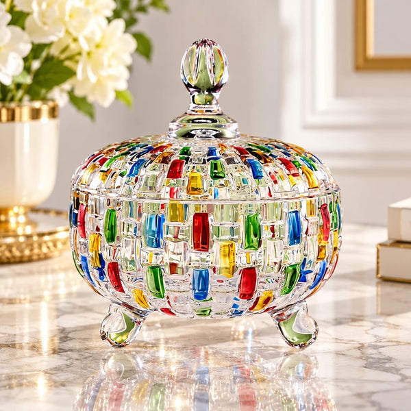 Bomboniera Decorativa din Sticla LuxCanva® Glass Candy, cu Capac, Multicolor, 17.6 cm