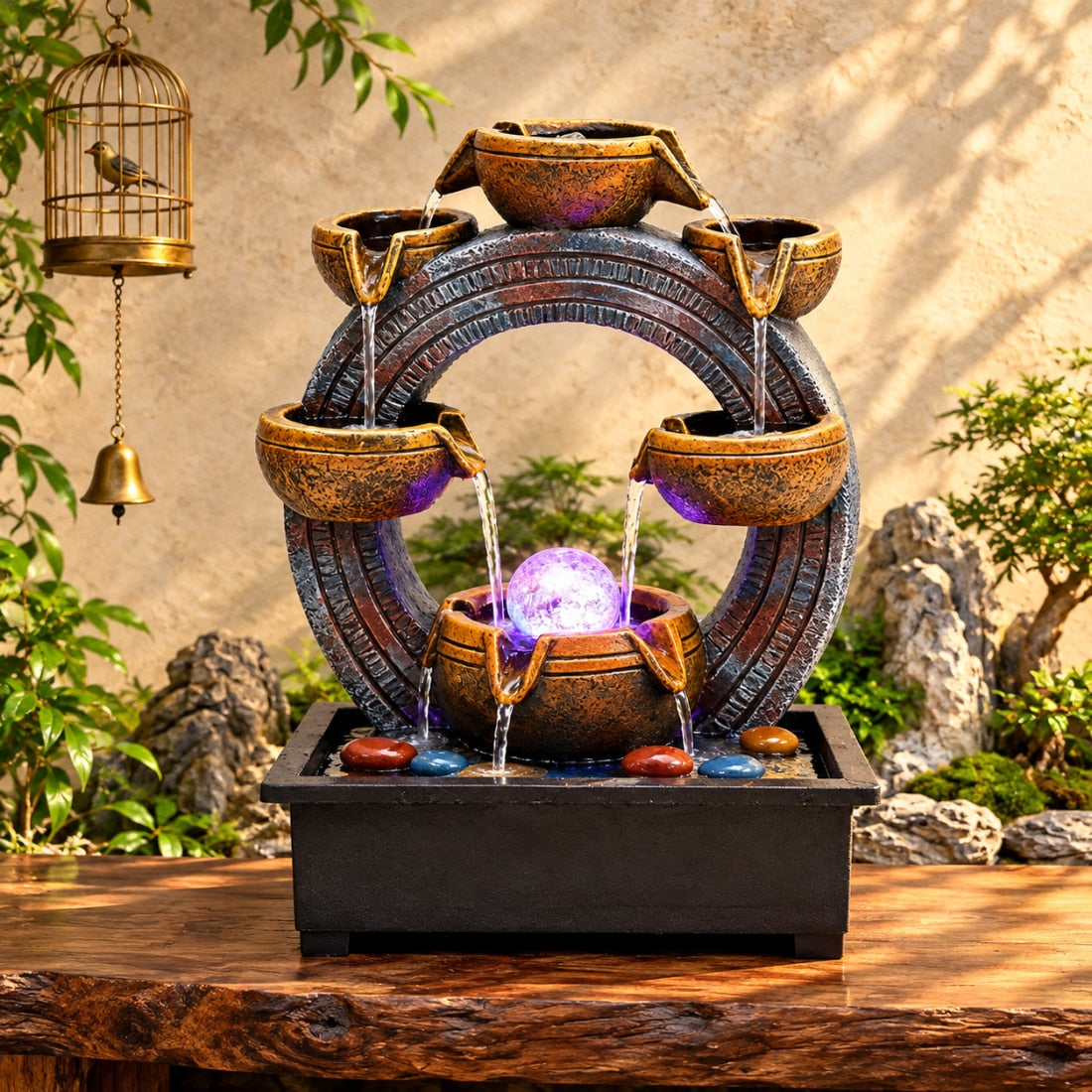 Fantana Decorativa de Interior LuxCanva® Mystic Ring WF-50, Lumina LED, Inaltime 38 cm