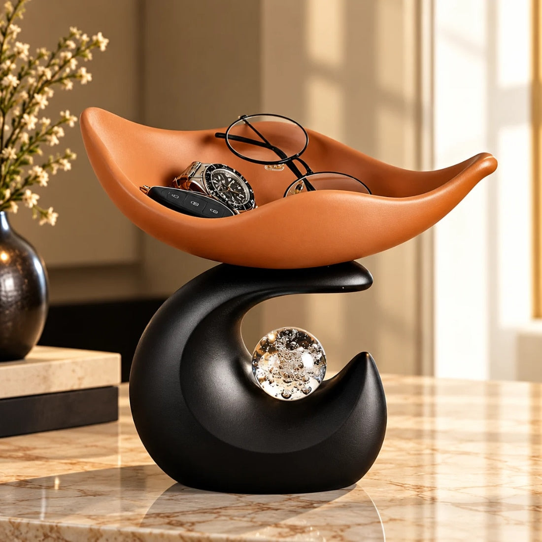 Statueta Decorativa LuxCanva® Organizer Tray, cu Tava Frunza, Negru si Maro, 24.5 cm