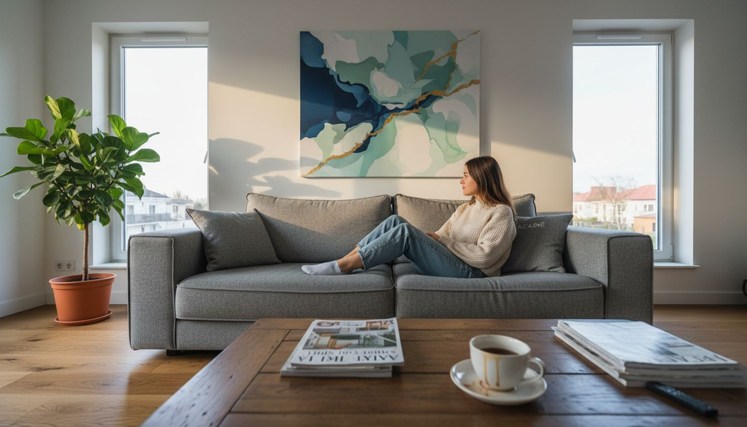 O tânără privește cu atenție un tablou canvas expus în sufrageria ei.