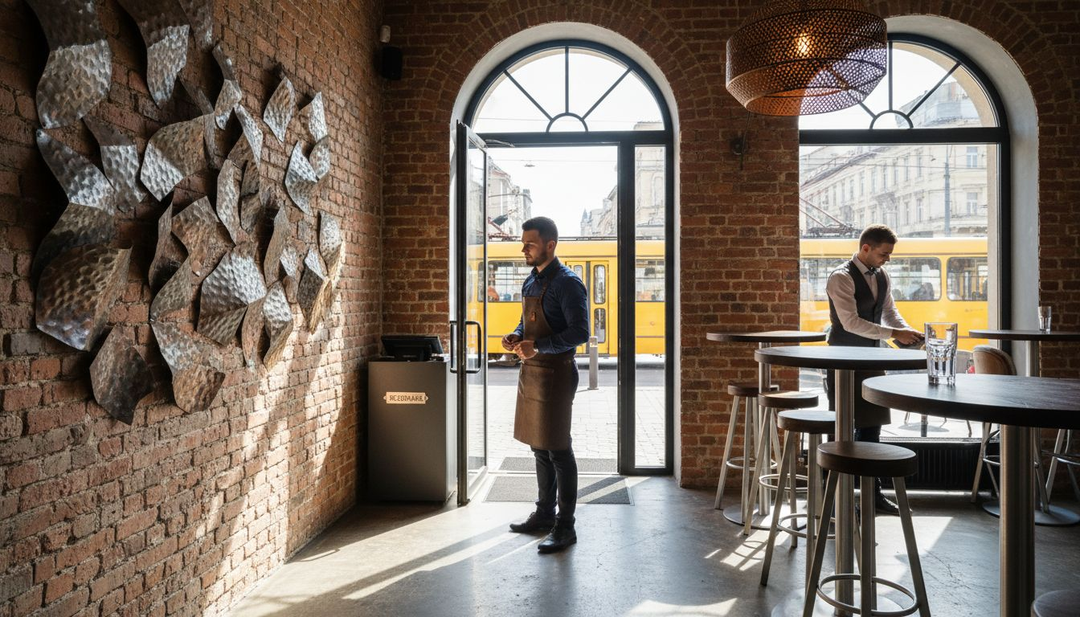 Restaurant modern, amenajat cu o sculptură metalică pe perete și iluminat cu lămpi suspendate.