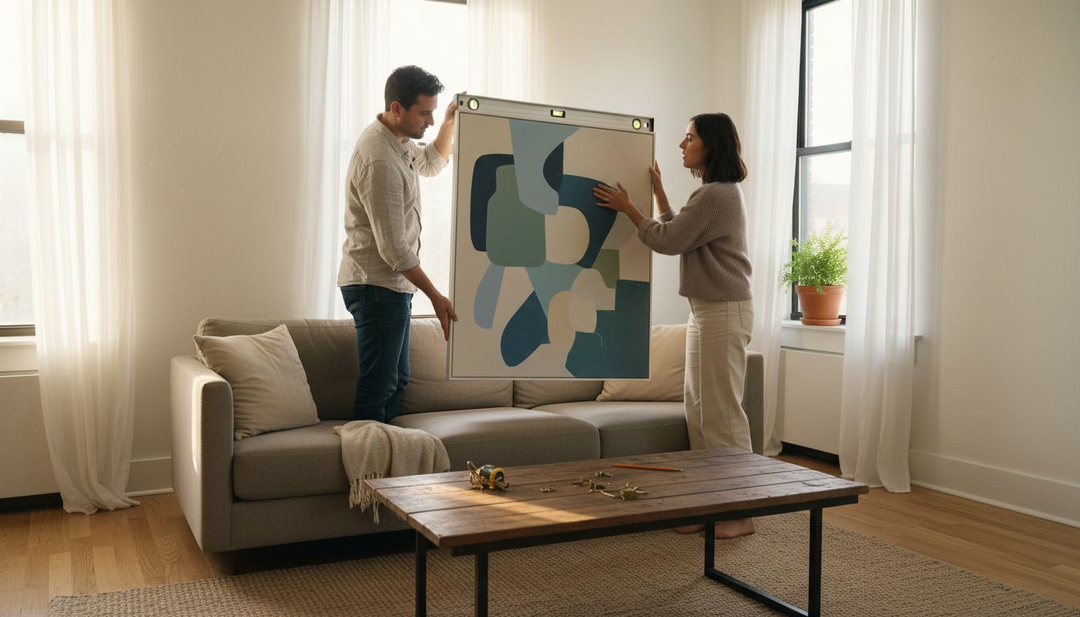 Un cuplu își decorează sufrageria, așezând un tablou modern pe perete.