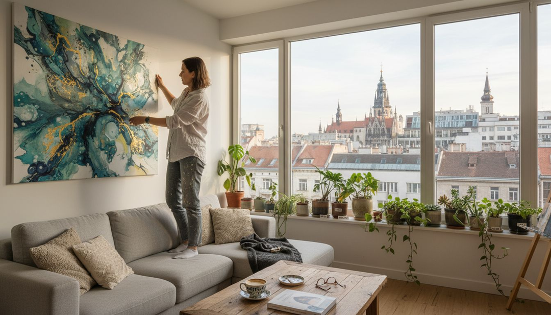 O femeie decorează sufrageria cu o lucrare de artă modernă.