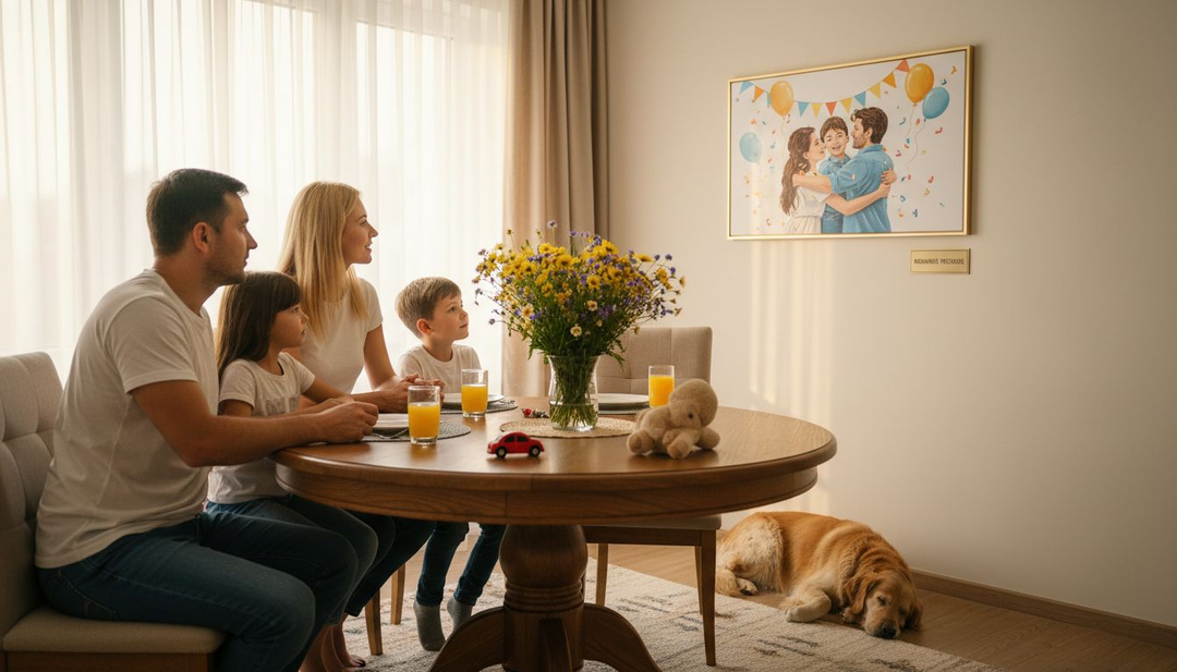 O familie admiră cu încântare un tablou personalizat prezentat la un eveniment special.