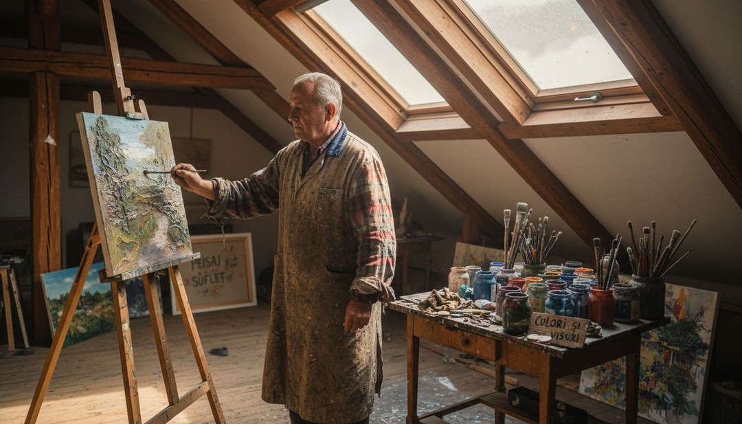 Un artist trecut de prima tinerețe își găsește inspirația pictând pe pânză, sus în mansarda casei.