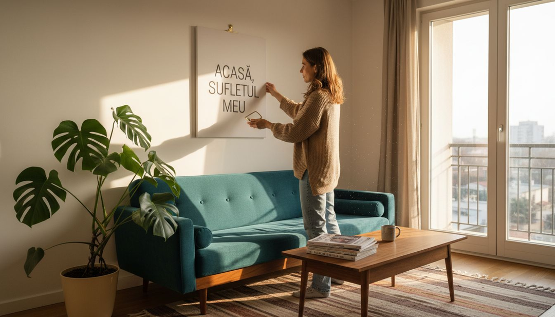 O femeie decorează livingul luminos, agățând un tablou pe perete.