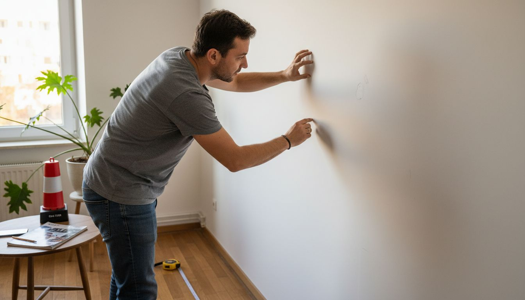 Un bărbat verifică dacă tabloul este așezat drept pe perete.