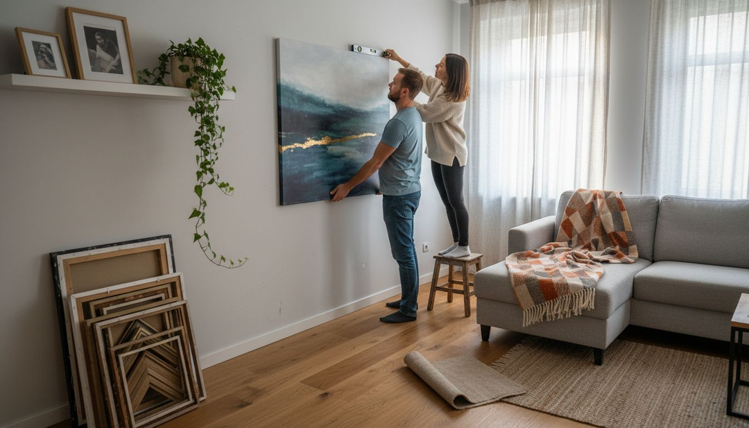 Un cuplu își decorează sufrageria agățând o pânză cu un tablou pe perete.