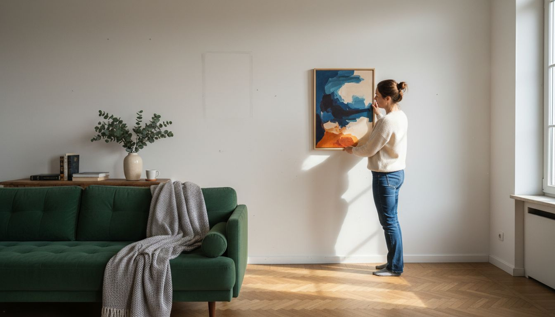 O femeie agață un tablou înrămat pe peretele sufrageriei, adăugând o notă caldă și personală încăperii.