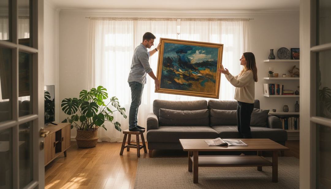 Un cuplu aranjează un tablou mare pe peretele din sufragerie.
