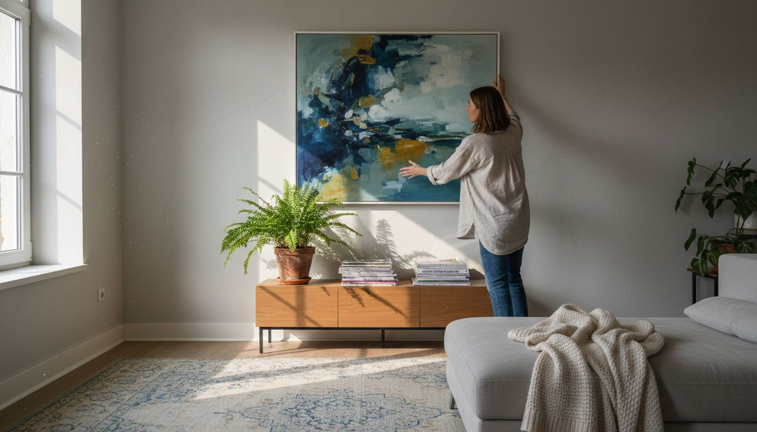 O femeie agață un tablou pe pânză în sufragerie, adăugând un strop de culoare și personalitate spațiului.