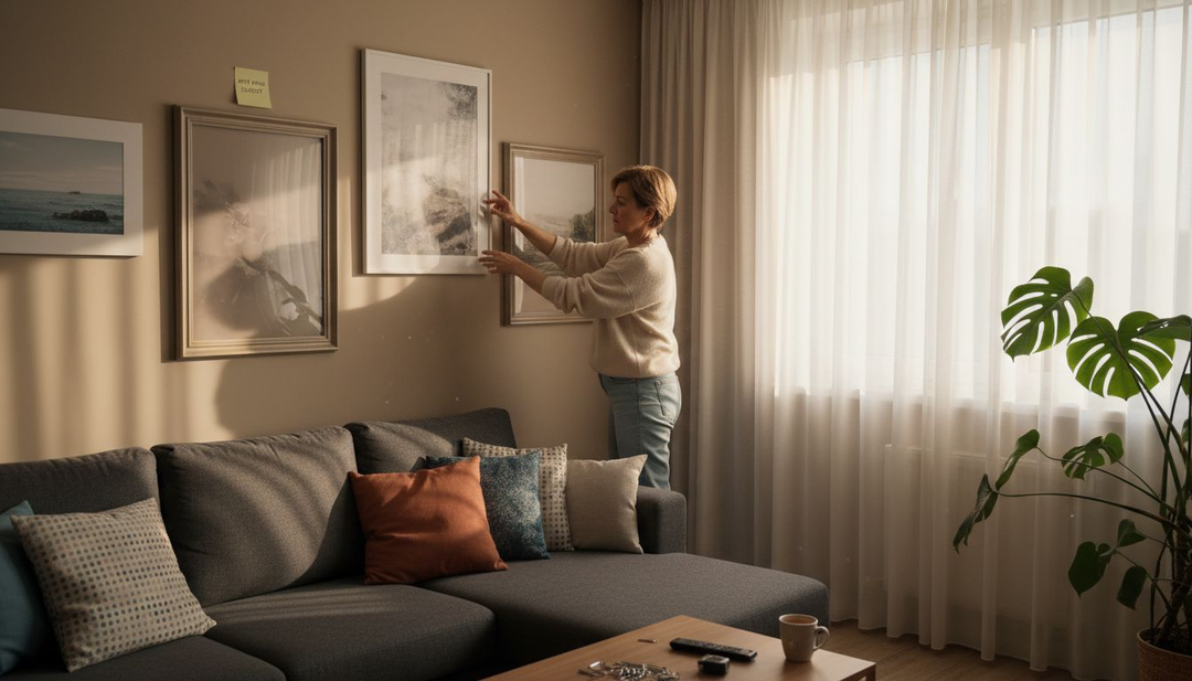 O femeie aranjează tablouri în livingul său primitor, creând o atmosferă caldă și personală.