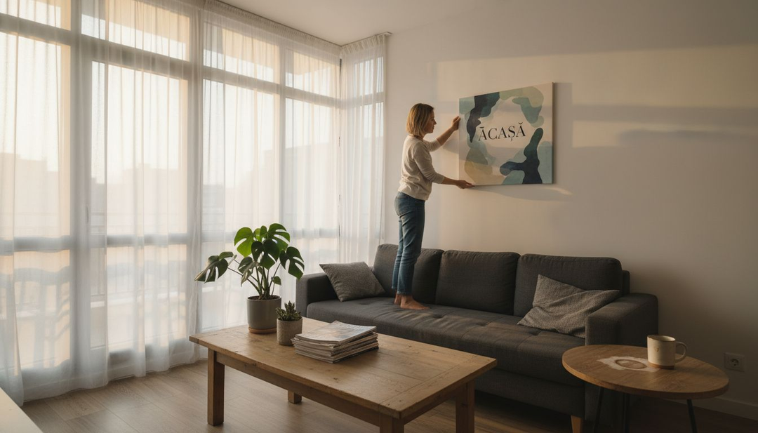 O femeie așază un tablou decorativ pe perete, într-un living luminos, scăldat în razele soarelui.