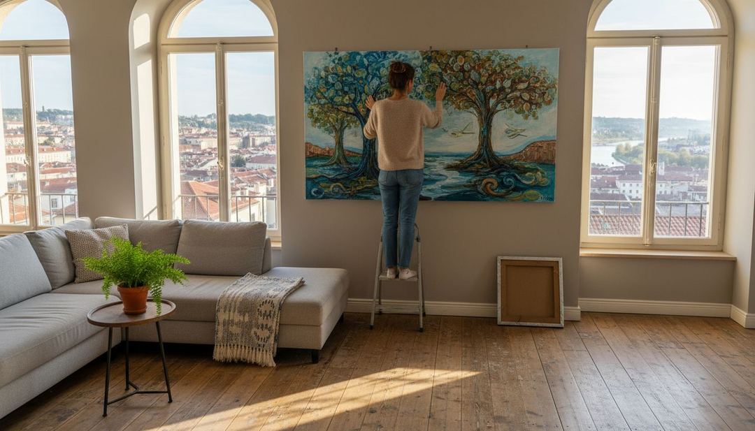 O femeie agață pe perete un tablou mare, cu o pictură abstractă inspirată din natură.