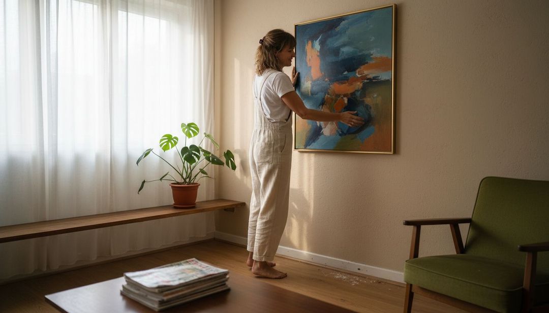 Atmosferă caldă de sufragerie, cu o pânză decorativă agățată pe perete