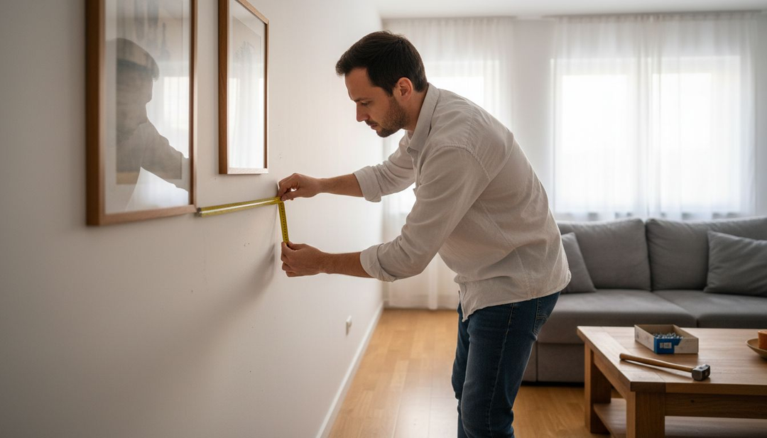 Designerul așază tablourile pe perete, căutând cea mai potrivită dispunere.