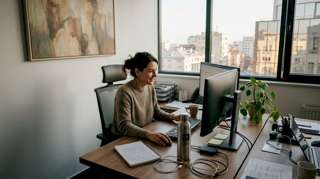 Un profesionist analizează cu atenție un e-mail, într-un birou modern și elegant.