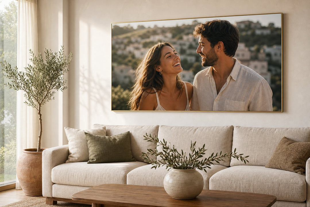 Tablou canvas personalizat pentru cuplu, cu ramă aurie, deasupra canapelei din living