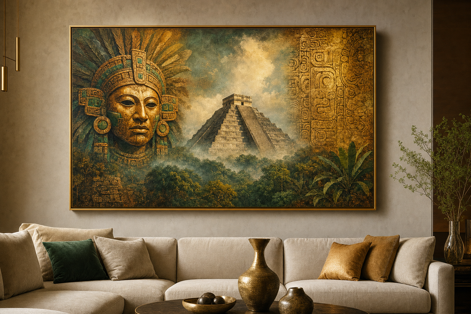 Tablou canvas cu piramida mayasa in jungla si masca precolumbiana, in rama aurie