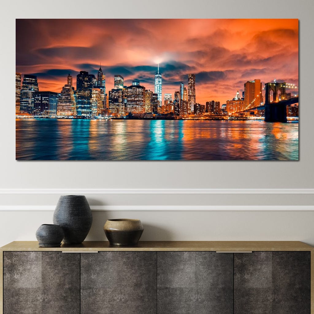 Tablou Canvas Premium, LuxCanva® O1004, Podul Brooklyn, New York, Noapte, Magie, Oras, Metropola, Energie, Vedere, Zbor, Zgarie-Nori, Elegant, Speranta, Lumini, Living, Dormitor, Birou