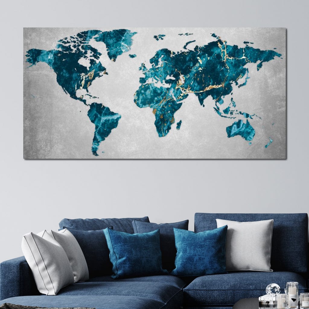 tablou canvas cu harta lumii in nuante de turcoaz si auriu cu aspect de marmura