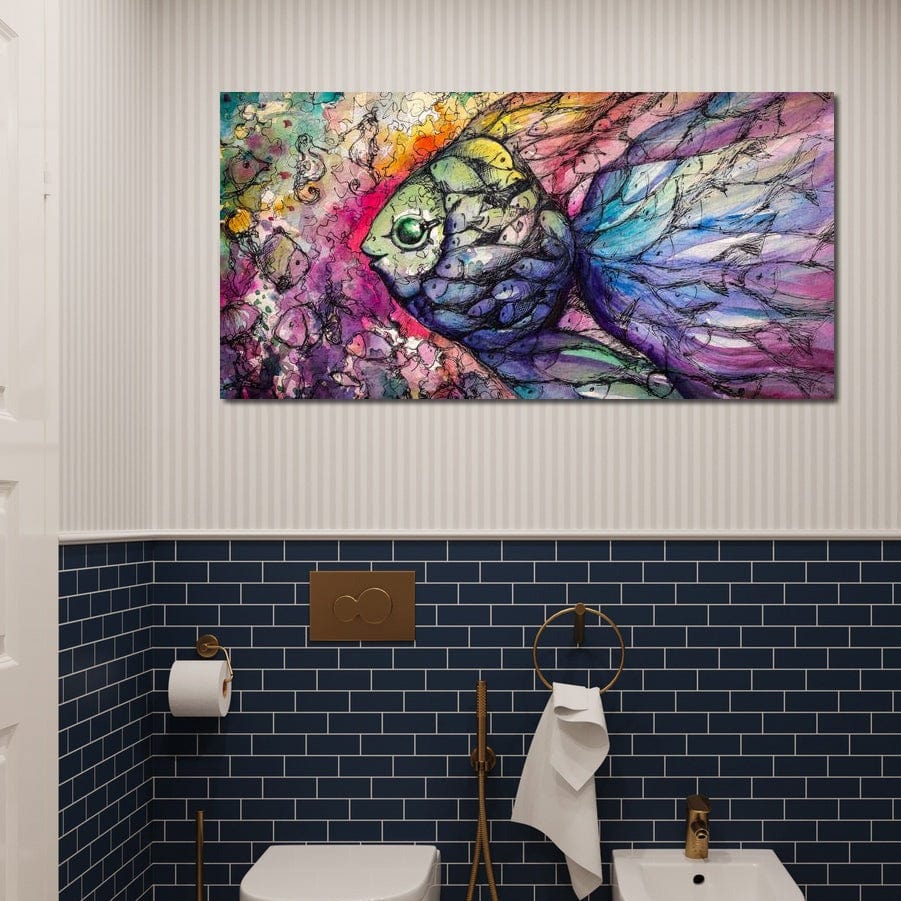 tablou canvas cu un peste format dintr-o multitudine de alti pesti multicolori, pe fundal abstract