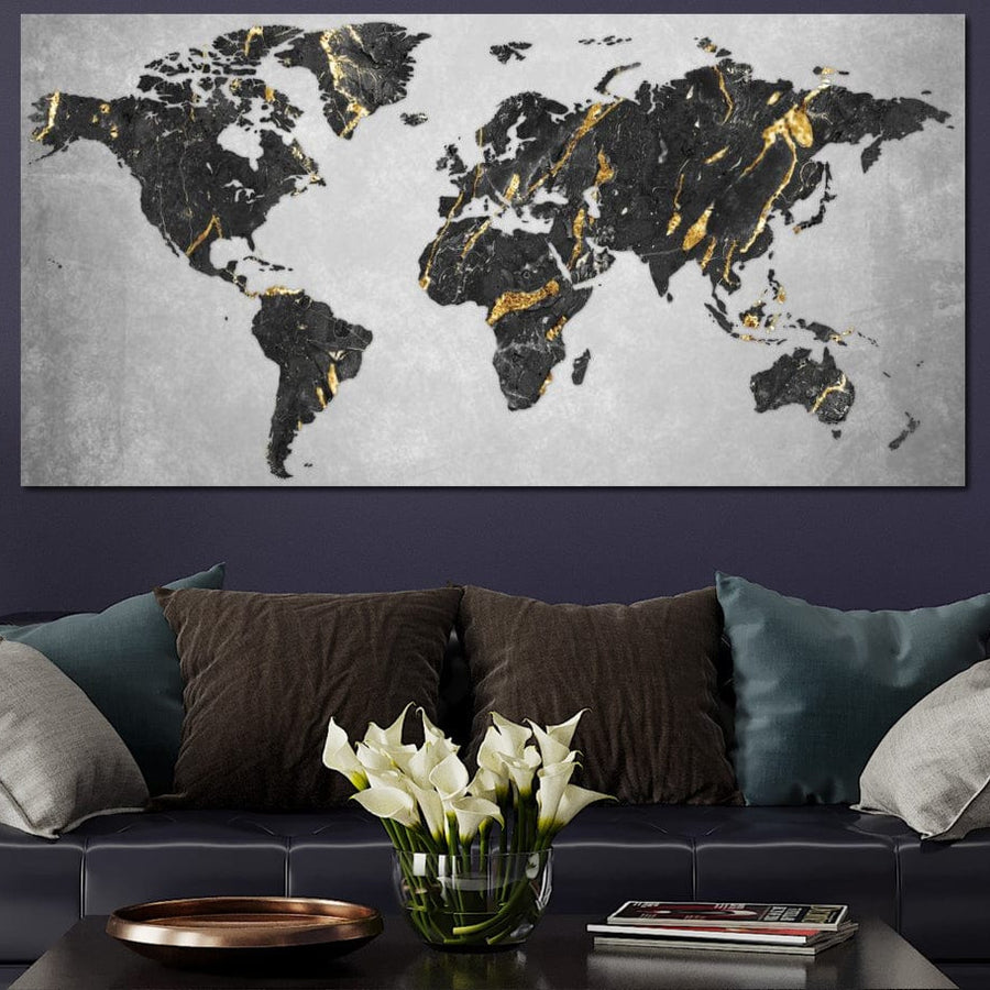 tablou canvas cu harta lumii stilizata in negru si auriu