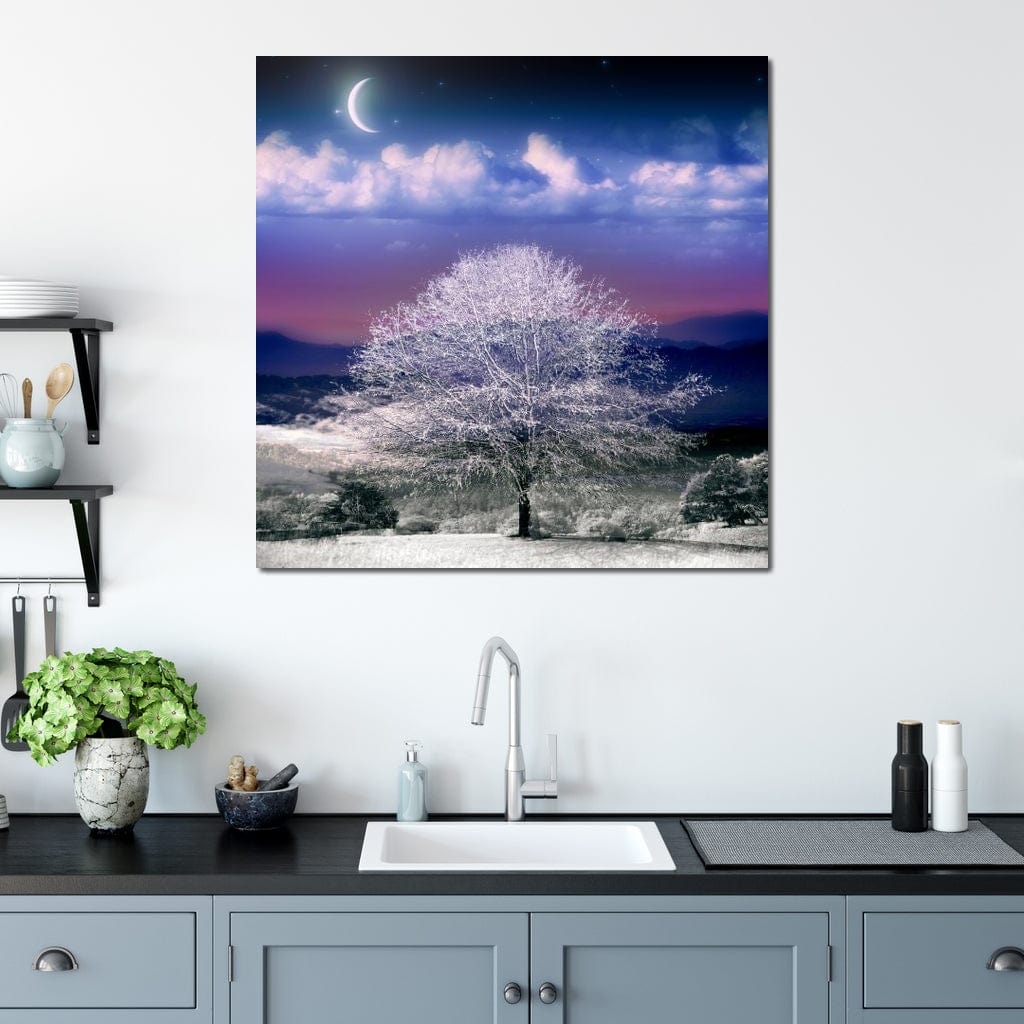 Tablou Canvas Premium LuxCanva® D1029, Scena de Iarna Fantasmica , Semiluna, Nori, Copac, Ramuri, Inghet, Living Room, Culori vibrante