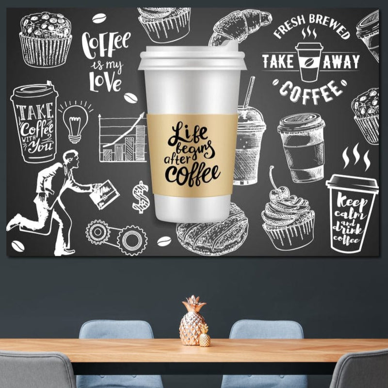 tablou canvas cu o cafea intr-un ambalaj "to-go" pe fundal negru cu diverse desene marcate cu alb