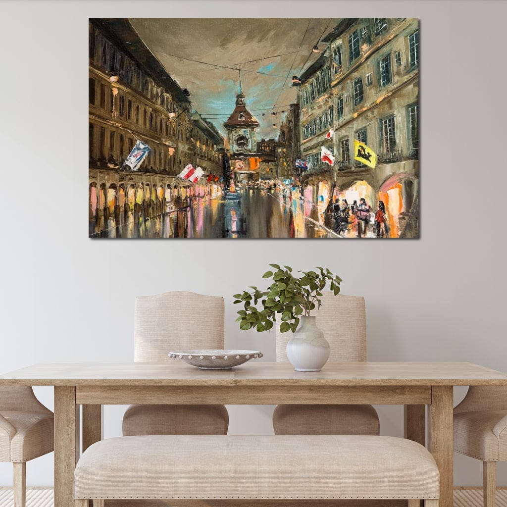 Tablou Canvas Premium, LuxCanva® O1022, Un Ceas in Zare, Istoric, Romantic, Nostalgie, Clasic, Melancolic, Noapte, European, Atmosferic, Ceas, Oras, Vechi, Ploaie, Piata, Turn, Birou, Living,