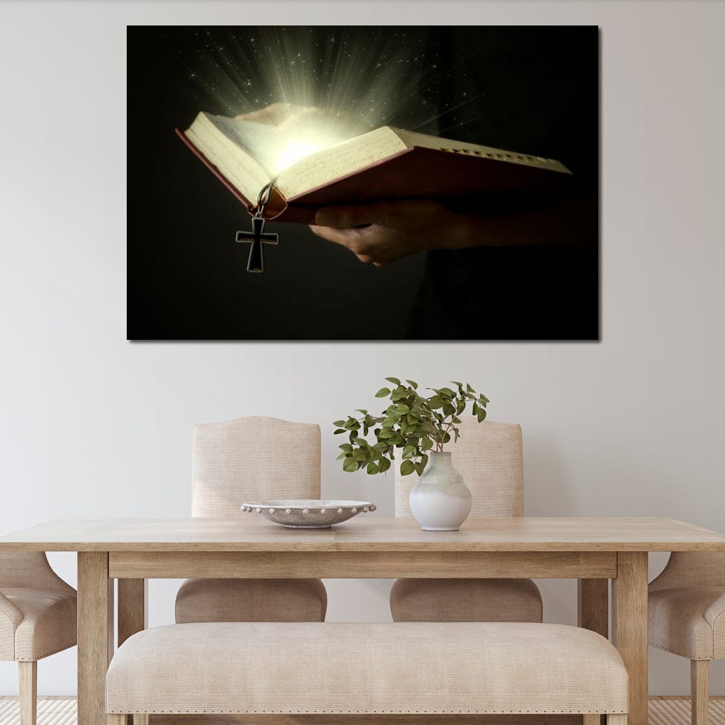 Tablou Canvas Premium LuxCanva® H1009, Biblia si Lumina Sfanta , Biblie, Lumina, Cruce, Adevar, Sacru, Salvare, Suflet, Divin, Living, Dormitor