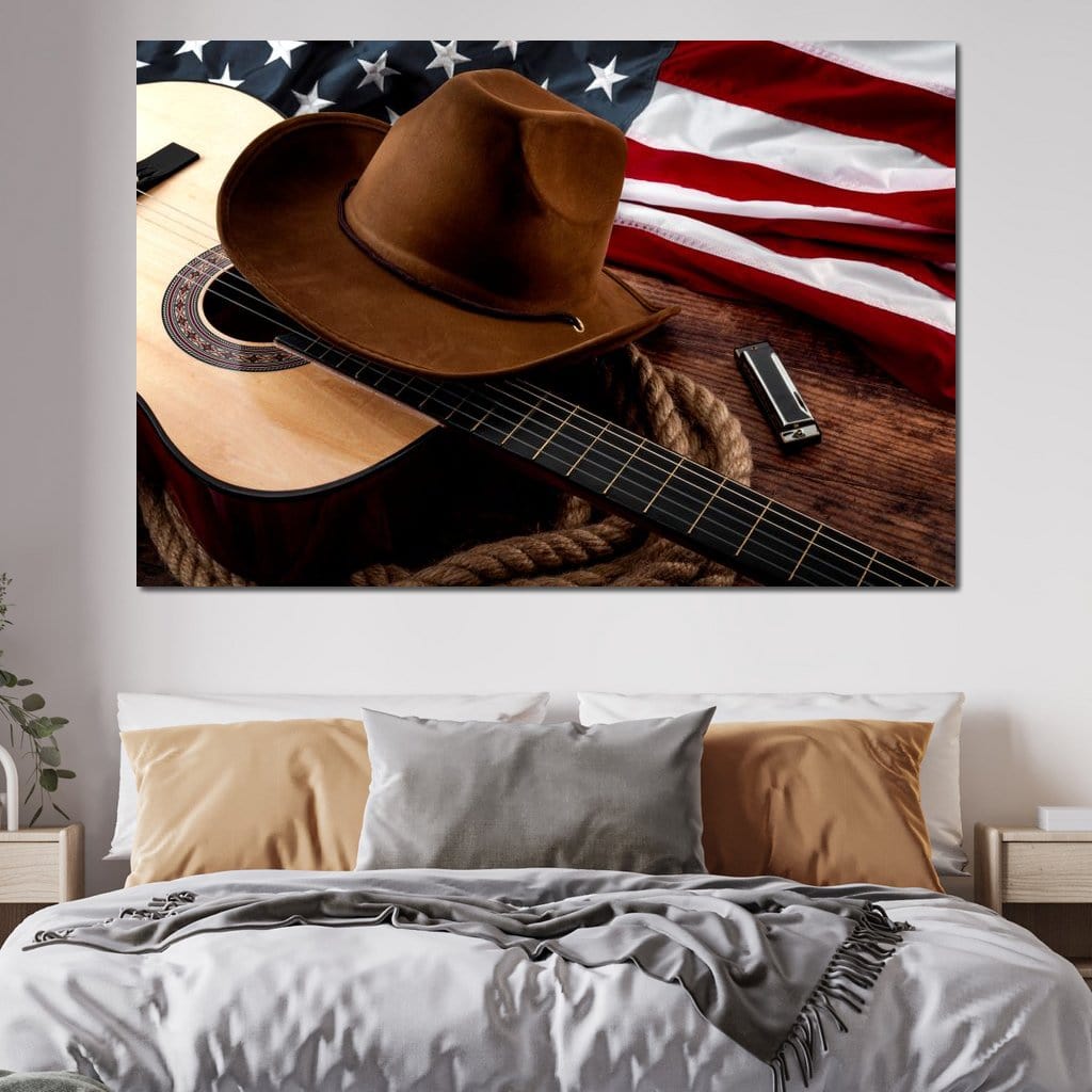tablou canvas cu o palarie de cowboy, o chitara, o muzicuta si steagul Americii