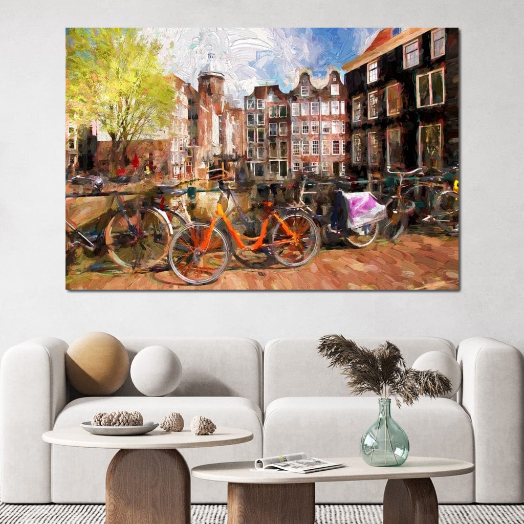 Tablou Canvas Premium, LuxCanva® O1012, Boemul Amsterdam, Bicicleta, Simfonie, Culori, Olandez, Canal, Mal, Roti, Farmec, Olanda, Traditie, Turist, Citadin, City, Break, Birou, Living, Dormitor