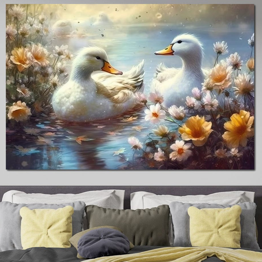 tablou canvas cu doua ratuste plutind pe lac, inconjurate de flori colorate