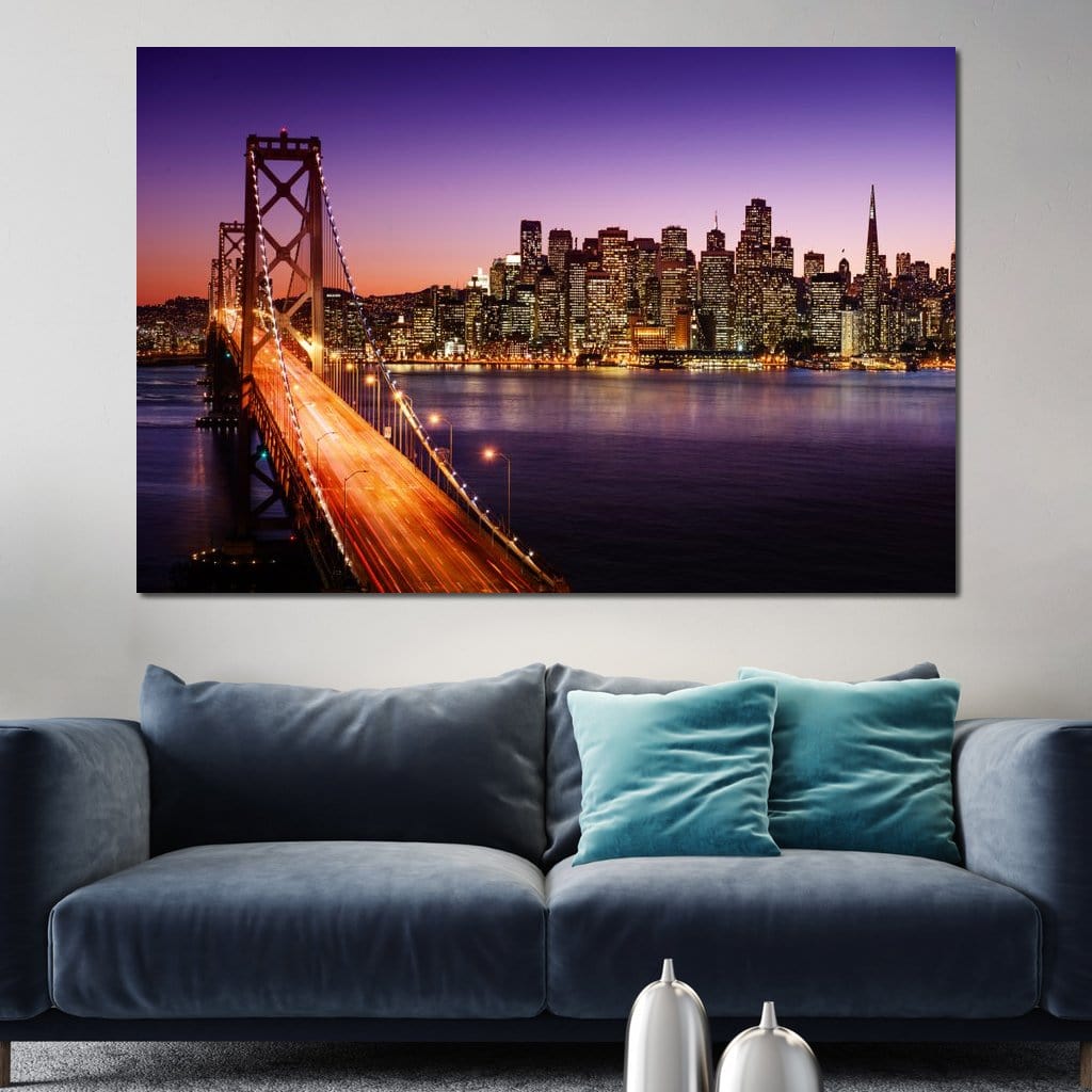 Tablou Canvas Premium, LuxCanva® O1002, San Francisco Skyline, Pod, Noapte, Oras, Lumini, Coasta, Vest, California, Vis, Urban, Apus, Violet, Iconic, Vacanta, Calatorie, Birou, Living, Dormitor