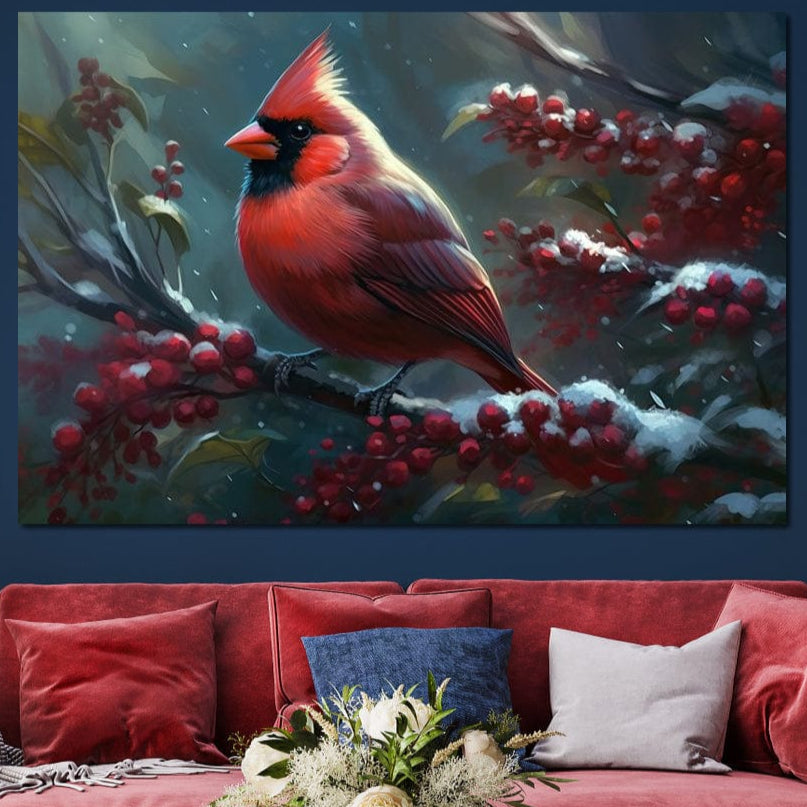tablou canvas cu un cardinal rosu pe o ramura cu fructe de padure acoperite cu zapada