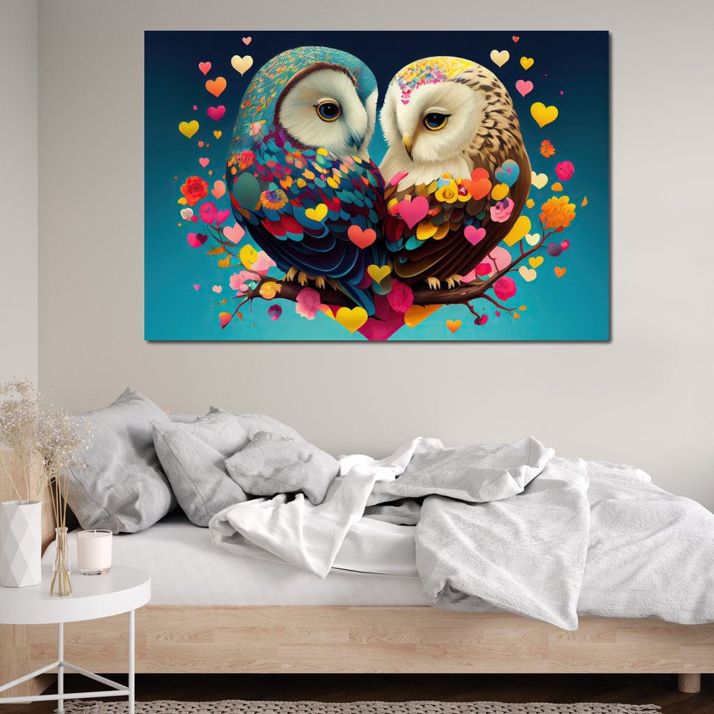 Tablou Canvas Premium LuxCanva® E1022, Bufnitele Iubirii, Bufnite, Conexiune, Iubire, Armonie, Inimi, Living Room, Culori vibrante