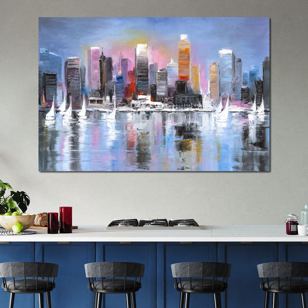 Tablou Canvas Premium, LuxCanva® O1024, Zborul Corabiilor, Pastelat, Senin, Liric, Fluid, Apus, Apa, Vele, Albastru, Roz, Inflacarat, Oglindire, Pictura, Tacere, Urban, Sticlos, Birou, Living, Dormitor